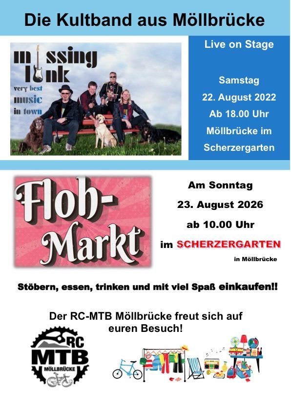 Plakat für eine Musikveranstaltung mit der Band Missing Link, mit einem Foto der Band auf einer Bank mit ihren Hunden. Die Veranstaltung ist für den 22. August 2022 um 18 Uhr im Scherzergarten von Mollbrucke geplant.