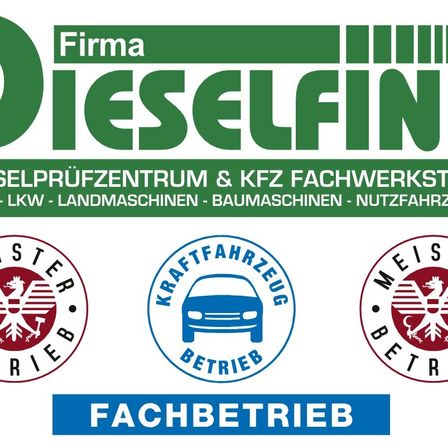 Firma Dieselfin ist ein Selbstprüfzentrum und KFZ-Fachwerkstatt, spezialisiert auf LKW, Landmaschinen, Baumaschinen und Nutzfahrzeuge. Das Bild enthält drei Logos, eines mit einem Drachen, eines mit einem Auto und das dritte mit einem stilisierten 'M'. Das untere Logo lautet 'Fachbetrieb'.