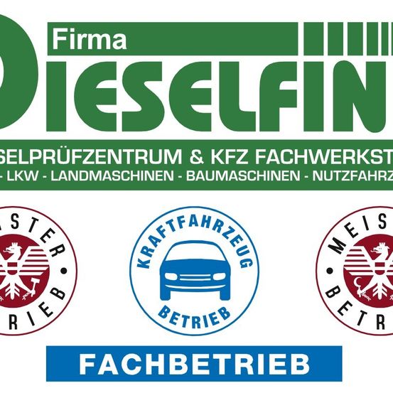 Firma Dieselfin ist ein Selbstprüfzentrum und KFZ-Fachwerkstatt, spezialisiert auf LKW, Landmaschinen, Baumaschinen und Nutzfahrzeuge. Das Bild enthält drei Logos, eines mit einem Drachen, eines mit einem Auto und das dritte mit einem stilisierten 'M'. Das untere Logo lautet 'Fachbetrieb'.