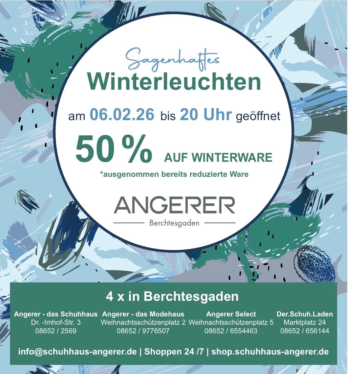 Werbung für Winterleucht-Veranstaltung von Angerer in Berchtesgaden mit 50% Rabatt auf Winterware. Geöffnet vom 06.02.26 bis 20:00. Adressen und Kontaktinformationen angegeben.