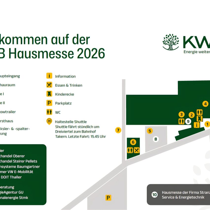 Ein Informationsschild für die Hausmesse 2026. Es enthält verschiedene Symbole und Texte auf Deutsch, wie 'Information', 'Essen & Trinken', 'Kinderecke', 'Parkplatz', 'WC' und einen Fahrplan für einen Shuttleservice.