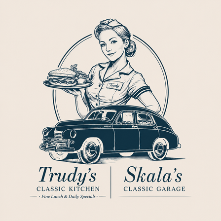 Eine Retro-Werbung für Trudys klassische Küche mit einer Kellnerin mit einem Tablett mit Sandwiches und einem alten Auto. Unten stehen die Worte 'Trudys klassische Küche' und 'Skalas klassische Garage.'