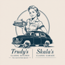 A retro-style advertisement for Trudy's Classic Kitchen featuring a waitress with a tray of sandwiches and an old car. Below are the words 'Trudy's Classic Kitchen' and 'Skala's Classic Garage.'