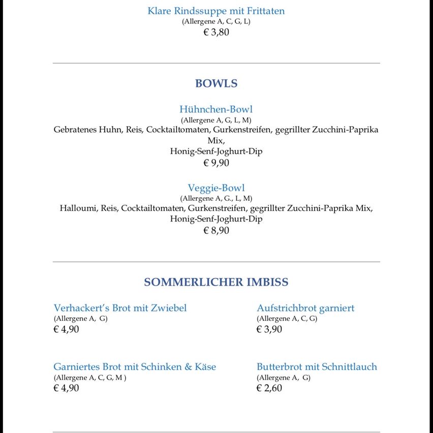 Menü mit verschiedenen Gerichten, einschließlich Bowls und Sandwiches, alle mit Allergeninformationen. Bowls beinhalten Hühnchen- und Veggie-Optionen mit Preisen. Sandwiches beinhalten Verhackert's, Aufstrichbrot und Butterbrot mit Preisen.
