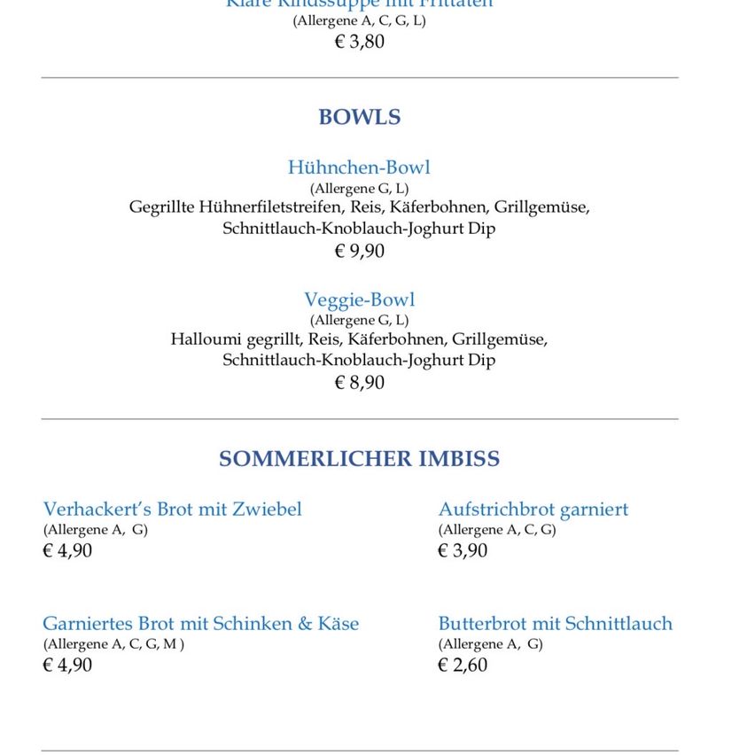 Menu with various food items including bowls and sandwiches, all with allergen information and prices.