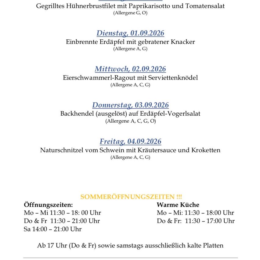 A menu for a restaurant with dishes listed for each day of the week from September 1 to September 4, 2026, including allergen information. Opening hours are also provided.