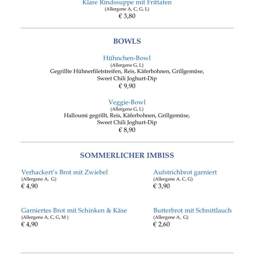 A menu featuring various food items including bowls and sandwiches, with prices and allergen information.