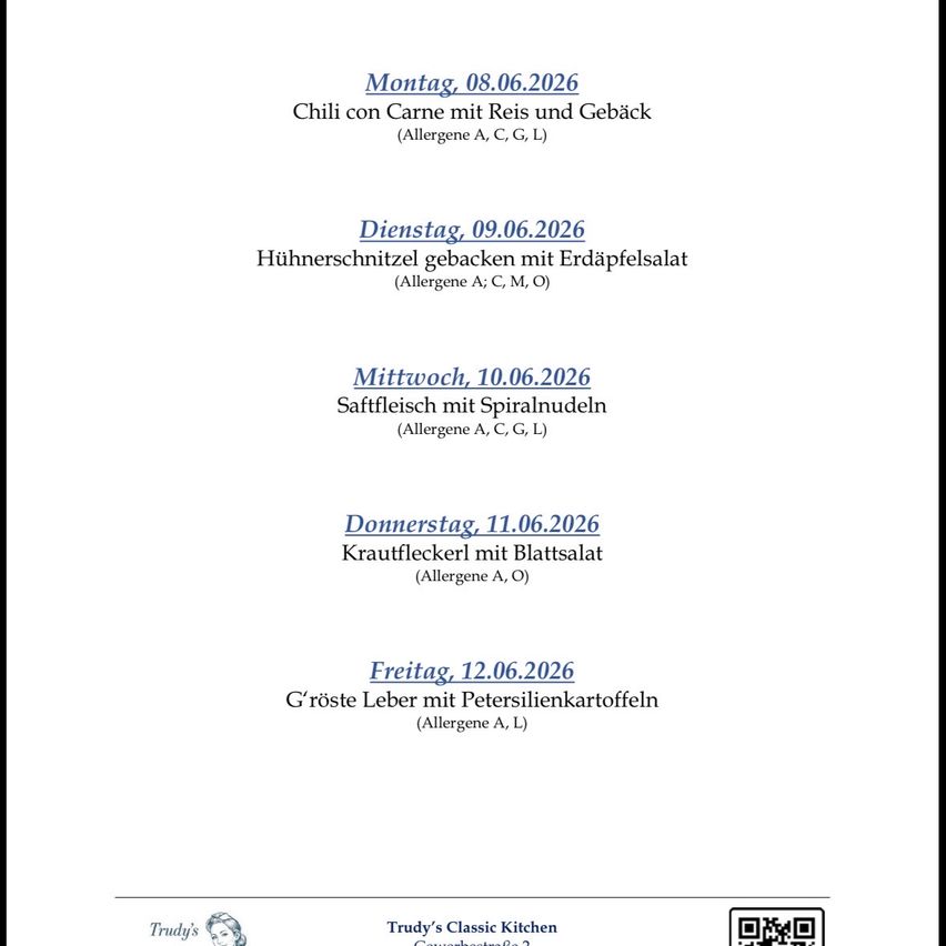 Weekly menu from Monday, June 8, 2026, includes: Monday - Chili con Carne, Tuesday - Chicken Schnitzel, Wednesday - Beef Strips, Thursday - Krautfleckerle, Friday - Liver. All with allergen warnings.