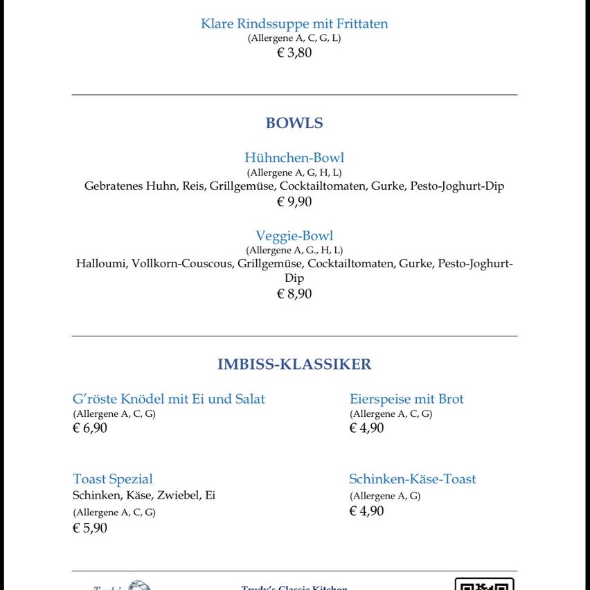 A menu shows soup options like chicken and veggie bowls. Bowls contain ingredients like chicken, rice, and pesto yogurt dip. There are also classic options like potato dumplings, egg dishes, and toasts with various toppings. Prices are listed in euros.