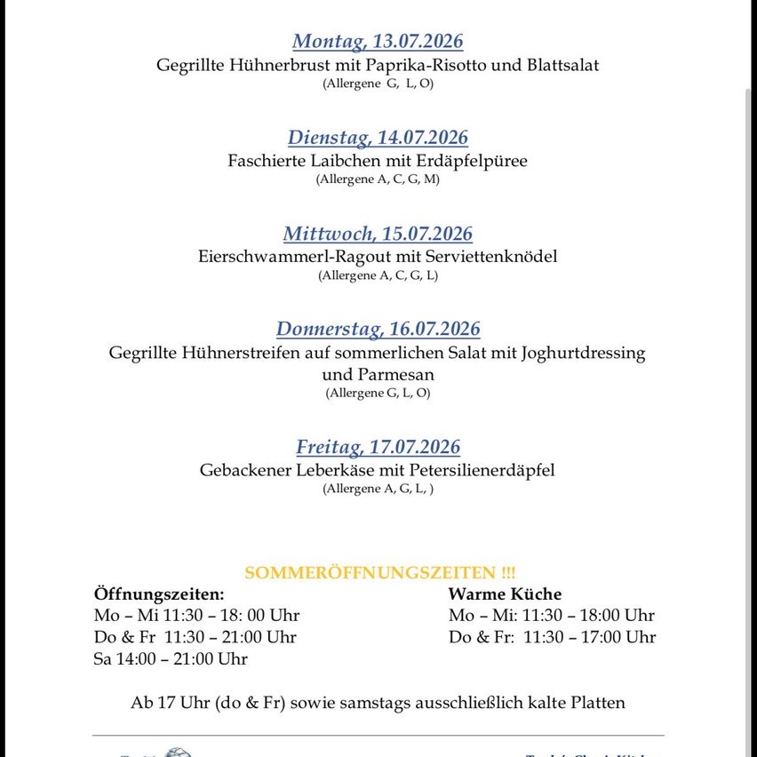Weekly menu from July 13 to July 17, 2026, featuring grilled chicken breast, braised pork, and other dishes with allergen information. Opening times for the kitchen are also provided.