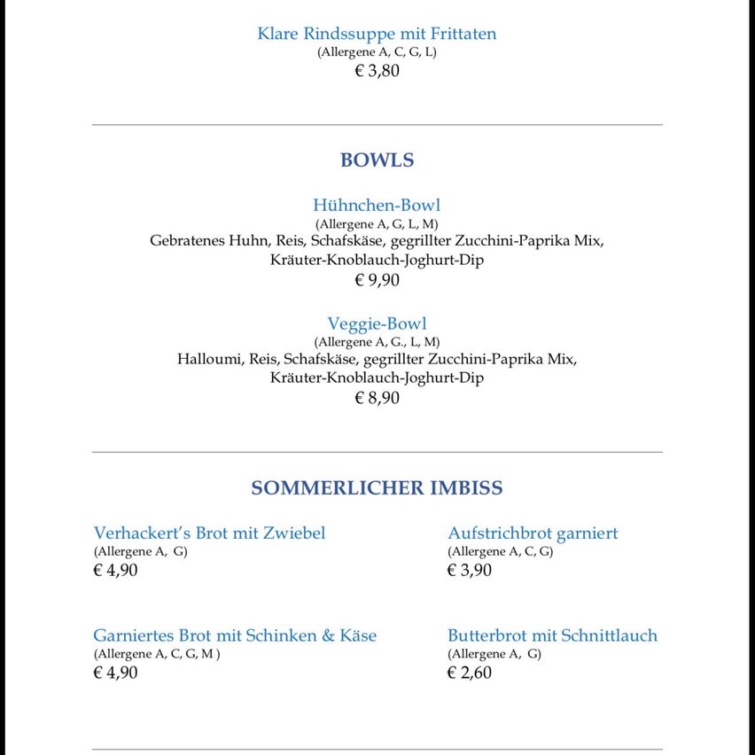 Menu with various dishes including chicken, rice, zucchini, paprika mix, and yogurt dip. Prices listed for each dish.