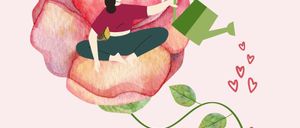 Eine Frau sitzt auf einer Blume und gießt sie mit einer Gießkanne. Herzen schweben um die Blume.
