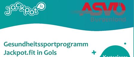 Ein Flyer für das Gesundheitssportprogramm Jackpot.fit in Gols, mit einer Gruppe von Menschen beim Training, einem Trainer und einem QR-Code zur Anmeldung. Das Programm richtet sich an Personen im Alter von 30-65 Jahren, einschließlich Personen mit Typ-2-Diabetes und Personen, die einen Kurs und einen Gesundheitsaufenthalt abgeschlossen haben. Der Kurs beginnt am 15. September 2026 und umfasst Motivations-, Kraft- und Ausdauertraining.