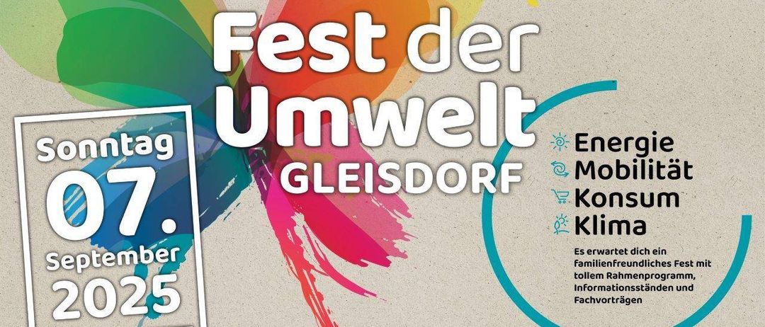Plakat für das 'Fest der Umwelt' in Gleisdorf am 7. Themen sind Energie, Mobilität, Konsum und Klima. Die Veranstaltung ist familienfreundlich mit Infoständen und Fachvorträgen. Ort: Kloster Gleisdorf, Zeit: 17 Uhr.