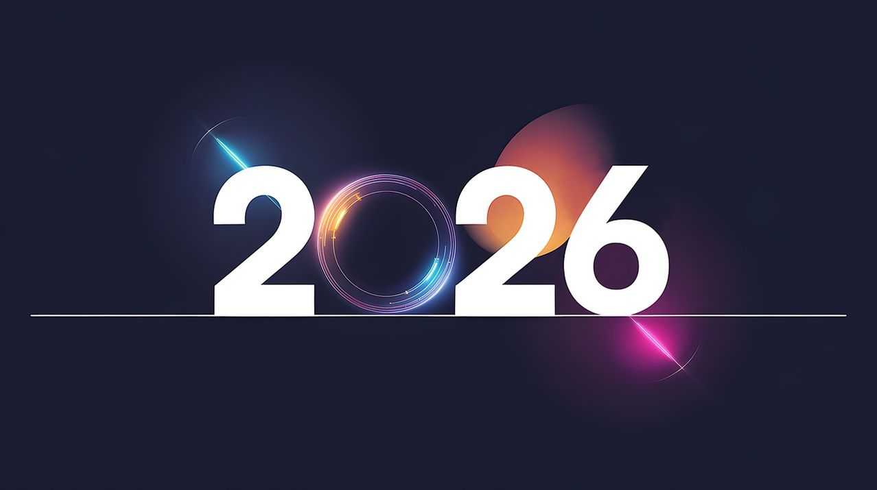 Das Jahr 2026 ist in Weiß auf dunklem Hintergrund dargestellt, mit einem farbenfrohen Ringdesign hinter der Zahl 20. Der Ring hat blaue und orange Lichtstreifen.
