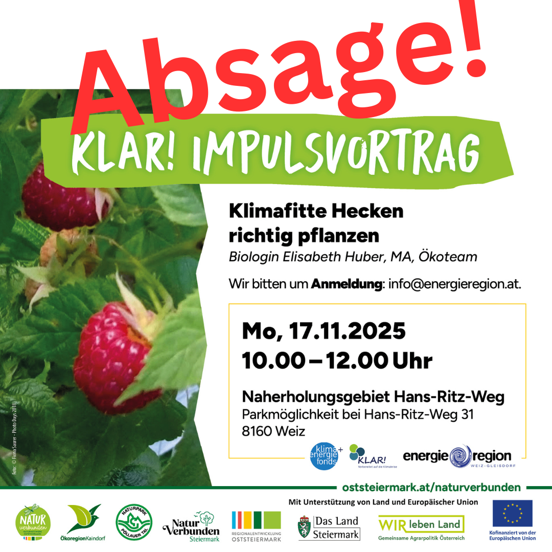 An announcement for an event on November 17, 2025, from 10:00 to 12:00, focusing on planting climate-friendly hedges, led by biologist Elisabeth Huber. Registration at info@energieregion.at. Location: Hans-Ritz-Weg, 8160 Weiz. Supported by regional and European funds.