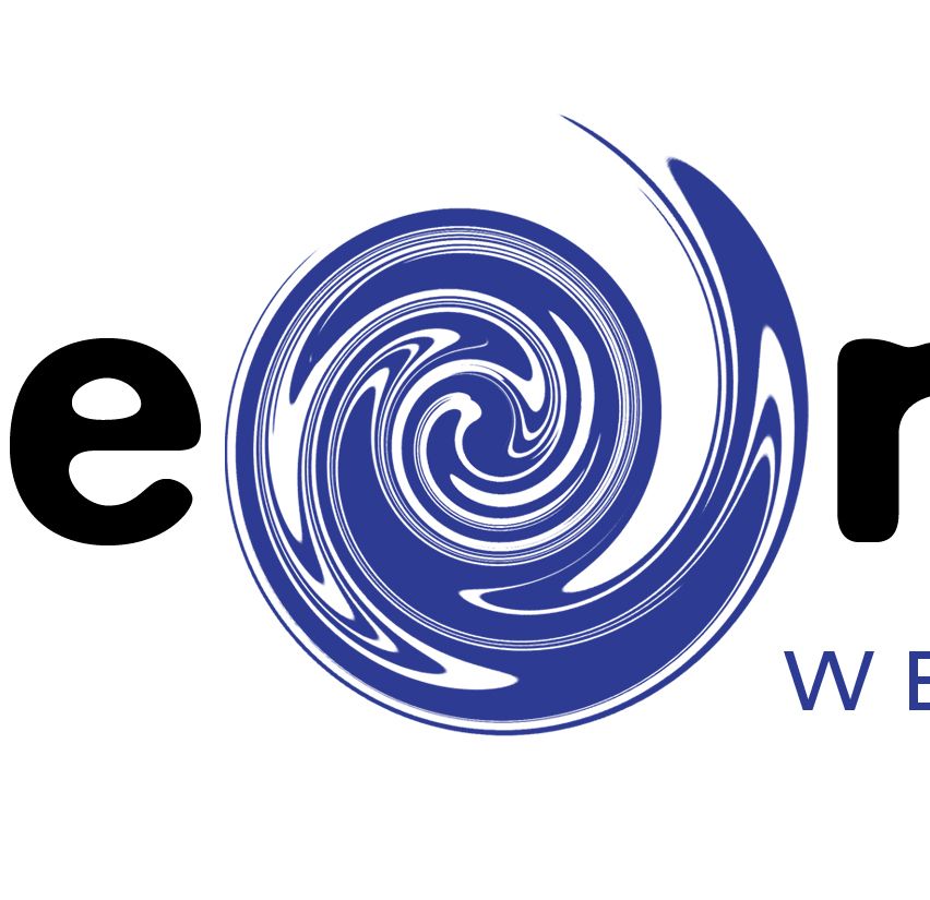 Das Bild zeigt ein Logo mit den Buchstaben 'e' und 'W' in einem Spiraldesign. Das Logo ist hauptsächlich blau mit einem weißen Zentrum.