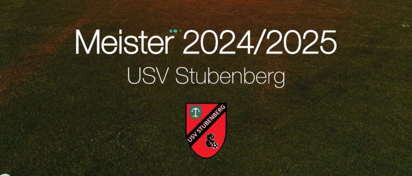 Ein Sportteam feiert mit Trophäen und rotem Rauch bei Nacht, mit den Worten Meister 2024/2025 und USV Stubenberg im Vordergrund.