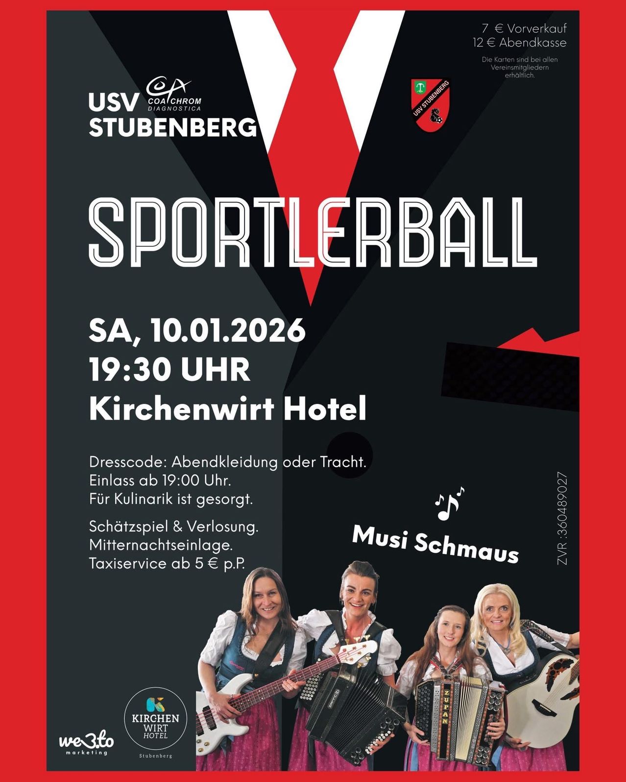 Plakat für eine Sportball-Veranstaltung im Kirchenwirt Hotel am 10.01.2026 um 19:30 Uhr. Kleiderordnung: Abendkleidung oder Tracht. Einlass ab 19:00 Uhr. Für Gastronomie ist gesorgt. Kostenlose Parkplätze.