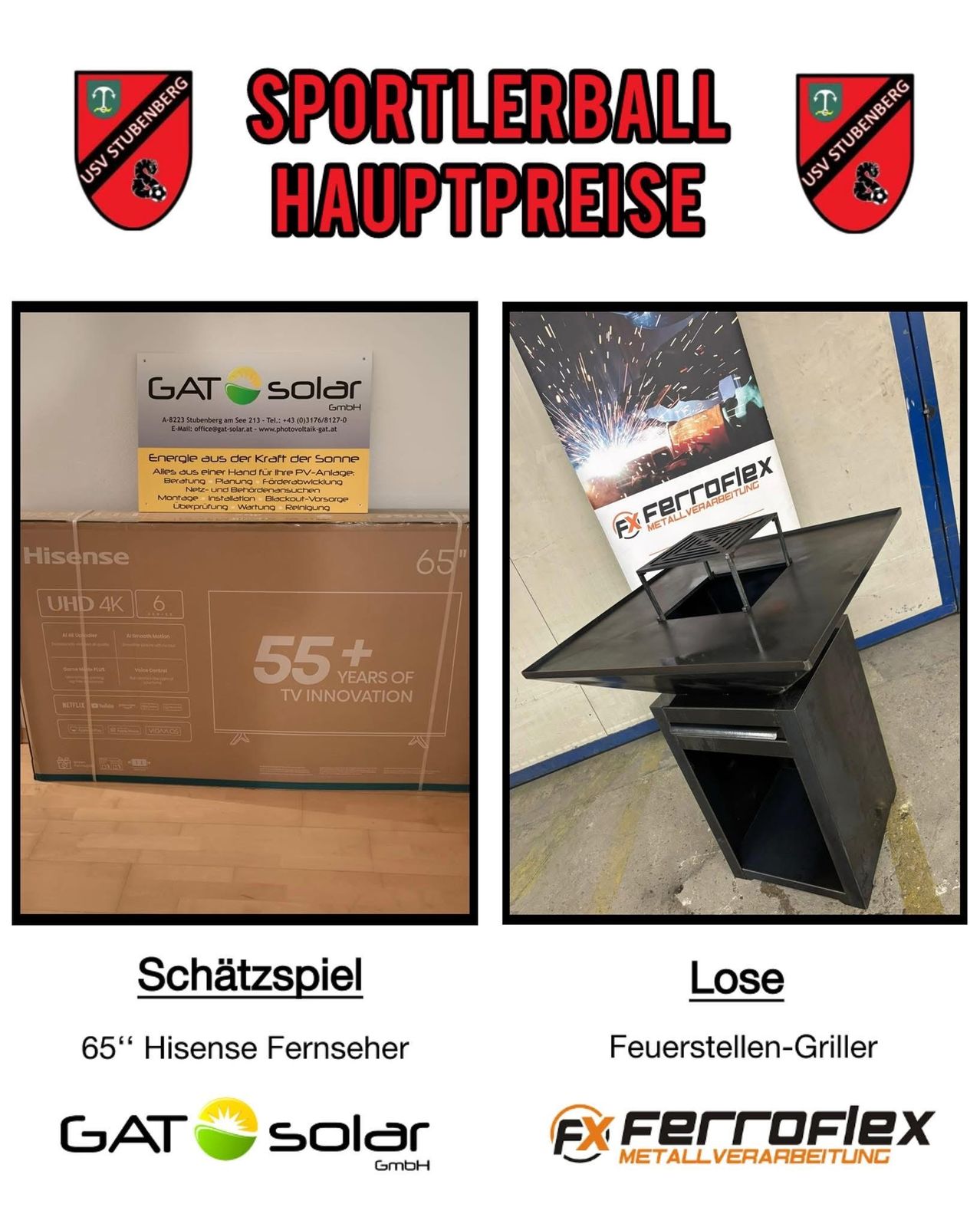 Eine Collage zeigt zwei zum Verkauf stehende Artikel: einen 65-Zoll-Hisense-Fernseher in einer Box und einen schwarzen Metall-Feuertopf. Der deutsche Text 'Hauptpreise' und 'Schatzspiel' zeigt an, dass dies Hauptpreise in einer Schatzsuche sind.