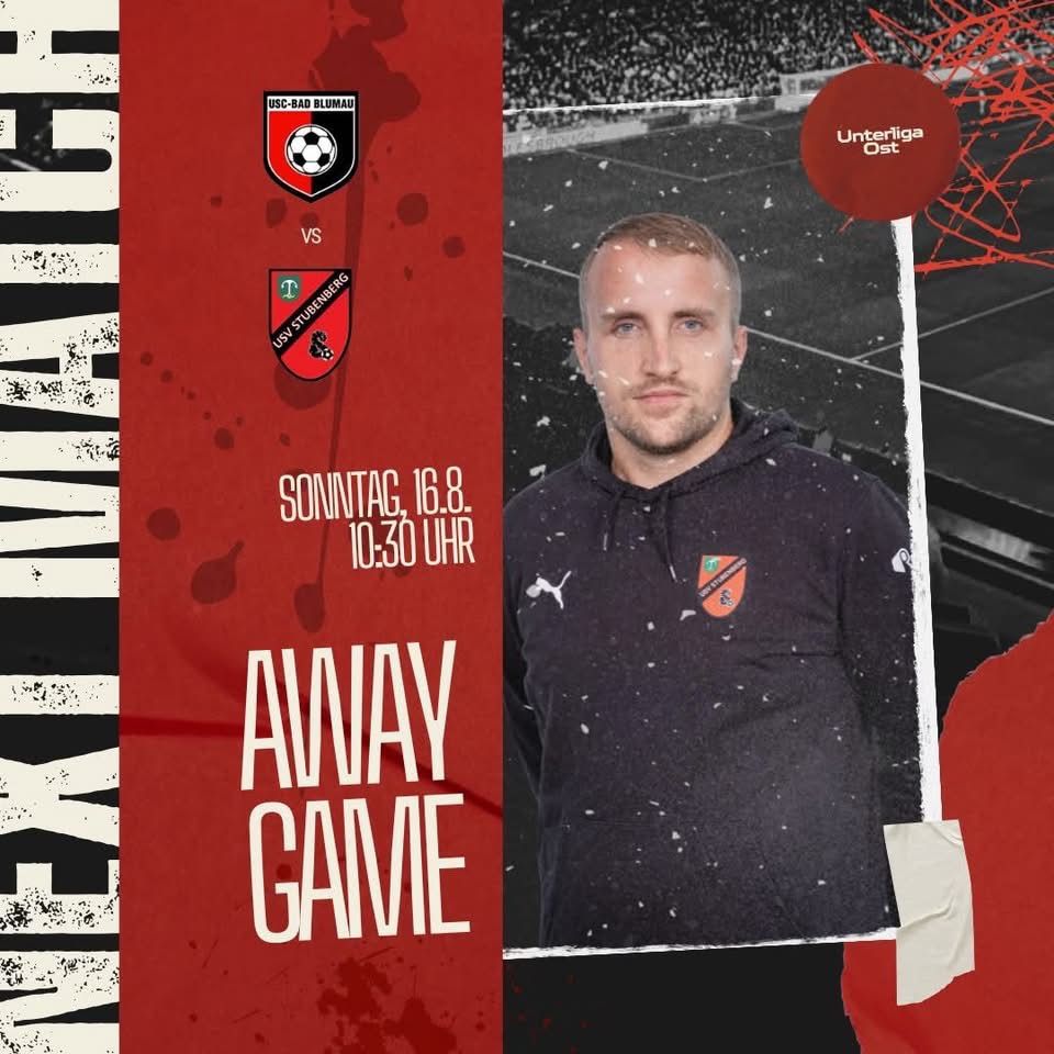 Ein Werbeposter für ein Auswärtsspiel zeigt einen Mann in einer schwarzen Kapuzenjacke mit einem Fußballteam-Logo, vor einem verschneiten Stadionhintergrund. Das Poster enthält Matchdetails und Teamlogos.
