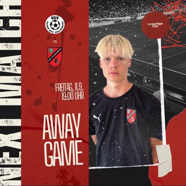 Poster for an away game with a player in a black shirt and a soccer field in the background.
