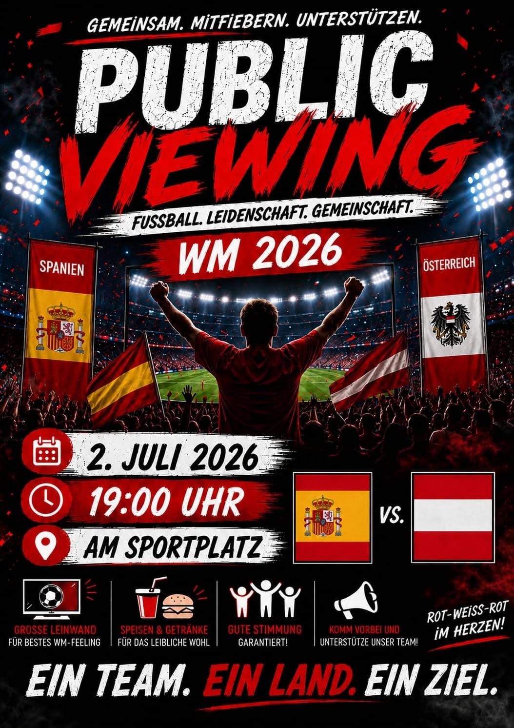 Ein Fußballspiel zwischen Spanien und Österreich am 2. Juli 2026, Beginn um 19:00 Uhr, auf einem Sportplatz.