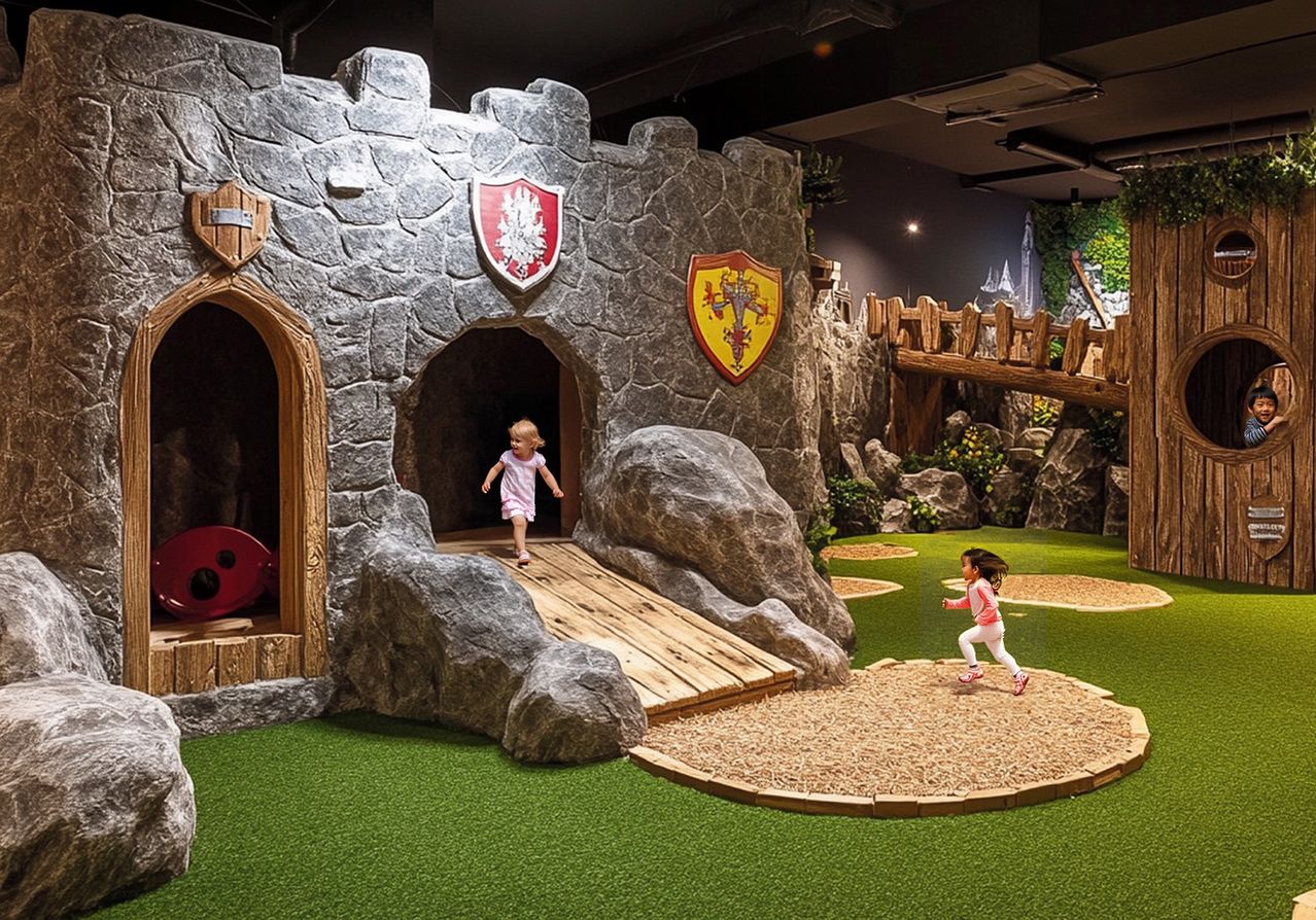 Zwei kleine Mädchen spielen in einem thematischen Indoor-Spielplatz mit Burgdesign. Ein Mädchen rennt auf den Eingang zu, während das andere im Inneren der Burg steht.