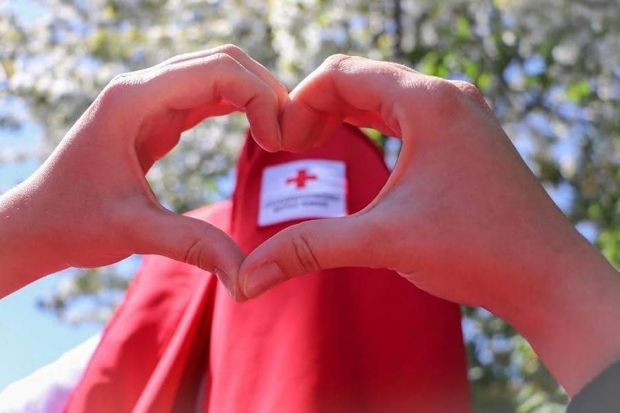 Zwei Hände bilden ein Herz mit einem roten Jacket, das ein rotes Kreuzemblem in der Mitte trägt, im Freien unter einem Baum.