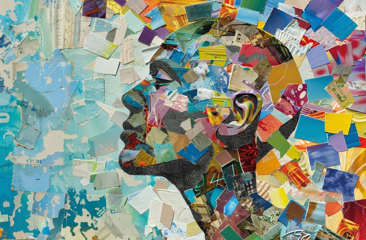 A vibrant collage of a human head, made from various colored and textured papers, with a mix of abstract and recognizable elements.