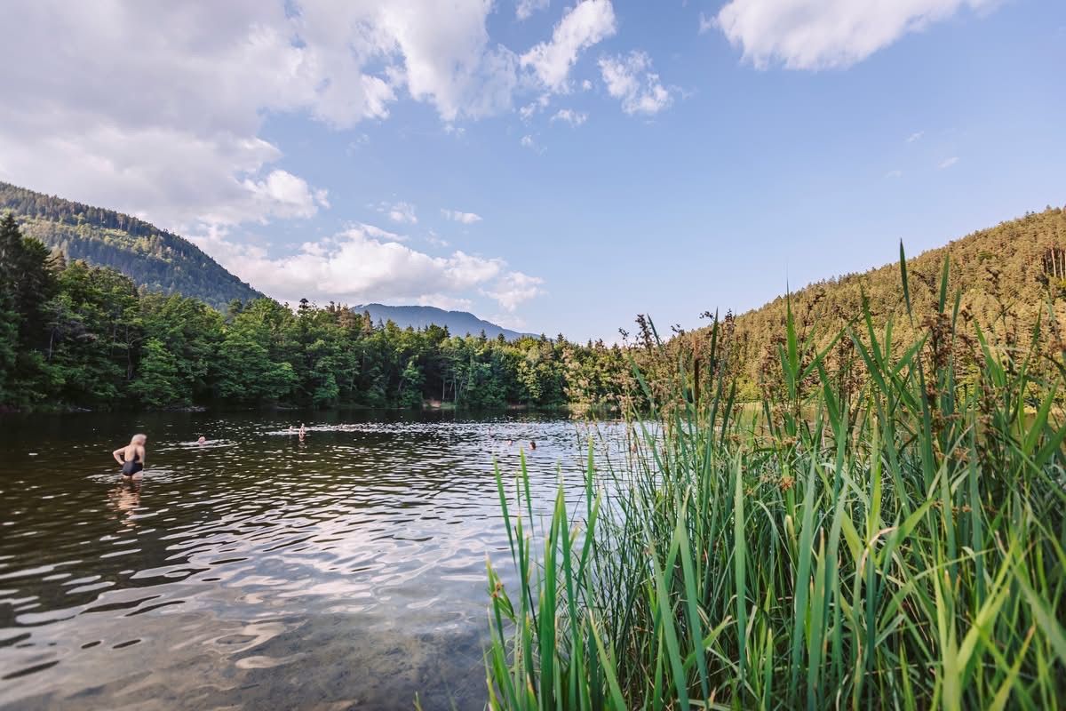 A serene lake with clear water surrounded by lush greenery and mountains under a partly cloudy sky.
