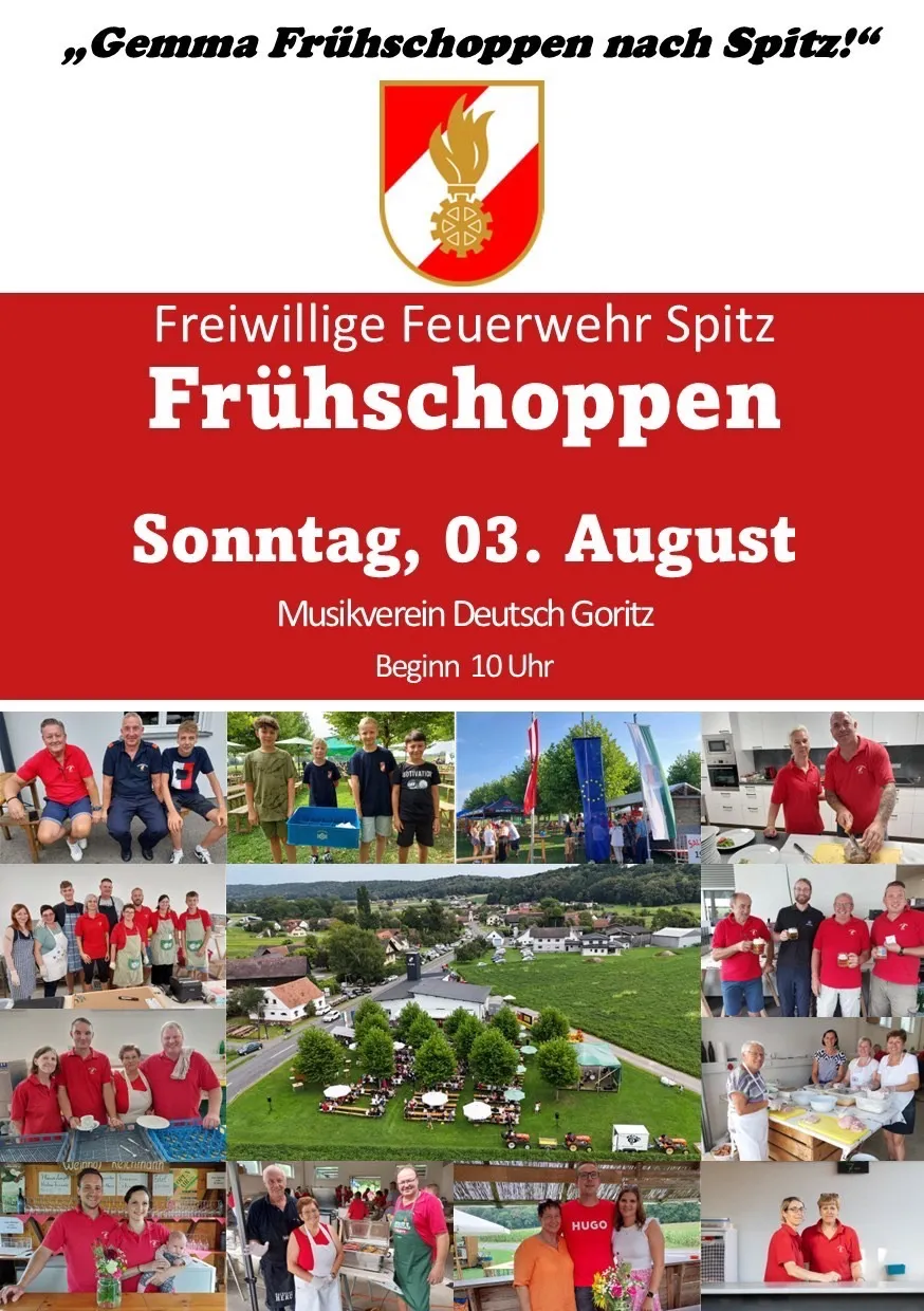 Ein Bild der Freiwillige Feuerwehr Spitz Fruhschopppen-Veranstaltung, mit einer Fotocollage, einem roten Hintergrund und Text, der das Ereignis am 3. August, Beginn um 10 Uhr, ankündigt.