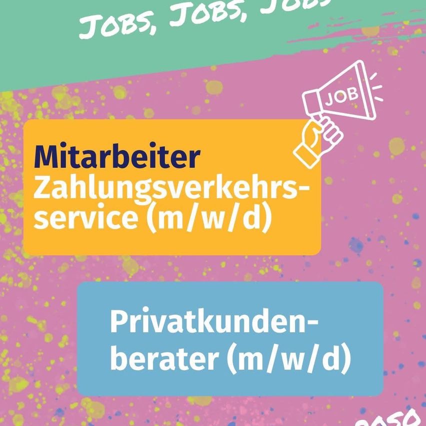 Eine Anzeige zeigt zwei Stellenangebote: Mitarbeiter im Zahlungsverkehrsservice und Privatkundenberater, beide für Männer, Frauen und Divers verfügbar.