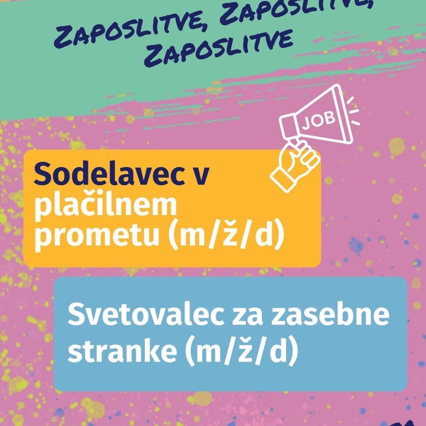 Eine Stellenanzeige mit einem Megafon-Symbol und Text in verschiedenen Farben und Sprachen. Es werden 'Zaposlite' und 'JOB' erwähnt. Darunter werden zwei Werte hervorgehoben: einer bezieht sich auf das Durchschnittsgehalt und der andere auf das Mindestgehalt.
