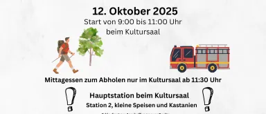 Ein Werbeplakat für den Wandertag der FF Hatzendorf am 12. Oktober 2025. Der Start ist von 9:00 bis 11:00 Uhr im Kultursaal. Die Wanderung endet um 11:30 Uhr im Kultursaal. Die Hauptstation befindet sich im Kultursaal. Station 2 bietet kleine Speisen und Kastanien an.