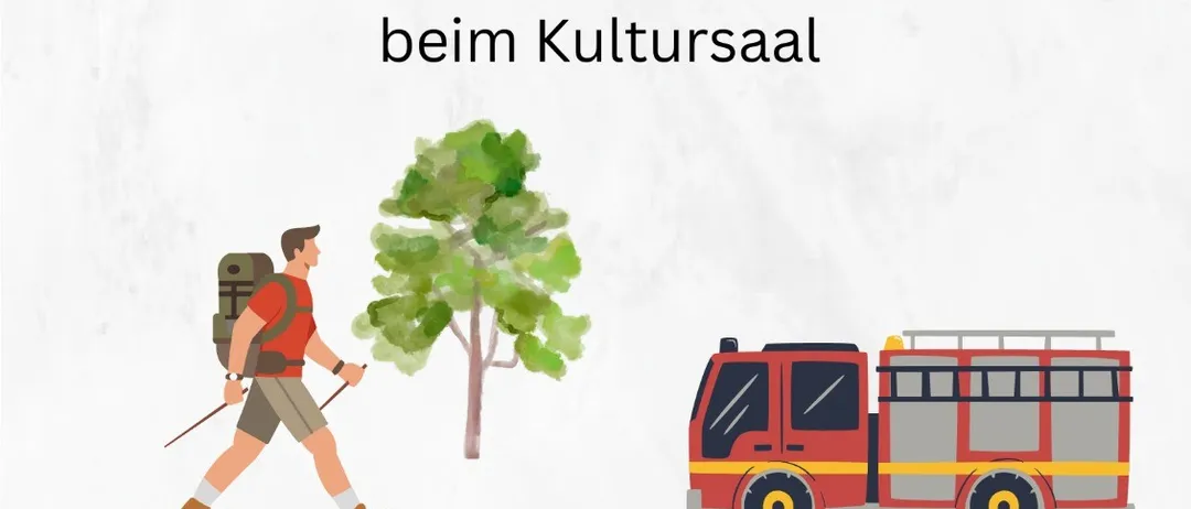 Ein Bild, das eine Veranstaltung am 12. Oktober 2025 in Hatzendorf bewirbt, die von 9:00 bis 11:00 Uhr im Kultursaal beginnt. Ein Mann wandert mit Rucksack und Stock, und ein Feuerwehrwagen ist abgebildet. Mittagessen ist im Kultursaal ab 11:30 Uhr erhältlich.
