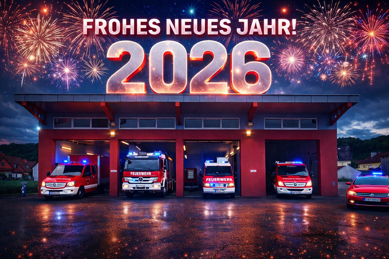 Feuerwehrfahrzeuge stehen in einer Feuerwache geparkt, mit Feuerwerk oben, das 2026 anzeigt. Die Fahrzeuge sind mit blauen Lichtern beleuchtet.