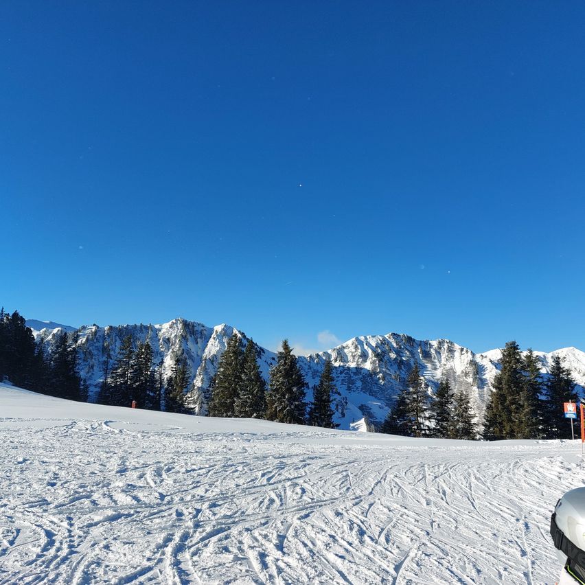 Eine Skipiste mit frischem Schnee unter einem klaren blauen Himmel. Bäume säumen die Seiten, und ein Gebirgszug ist im Hintergrund zu sehen.