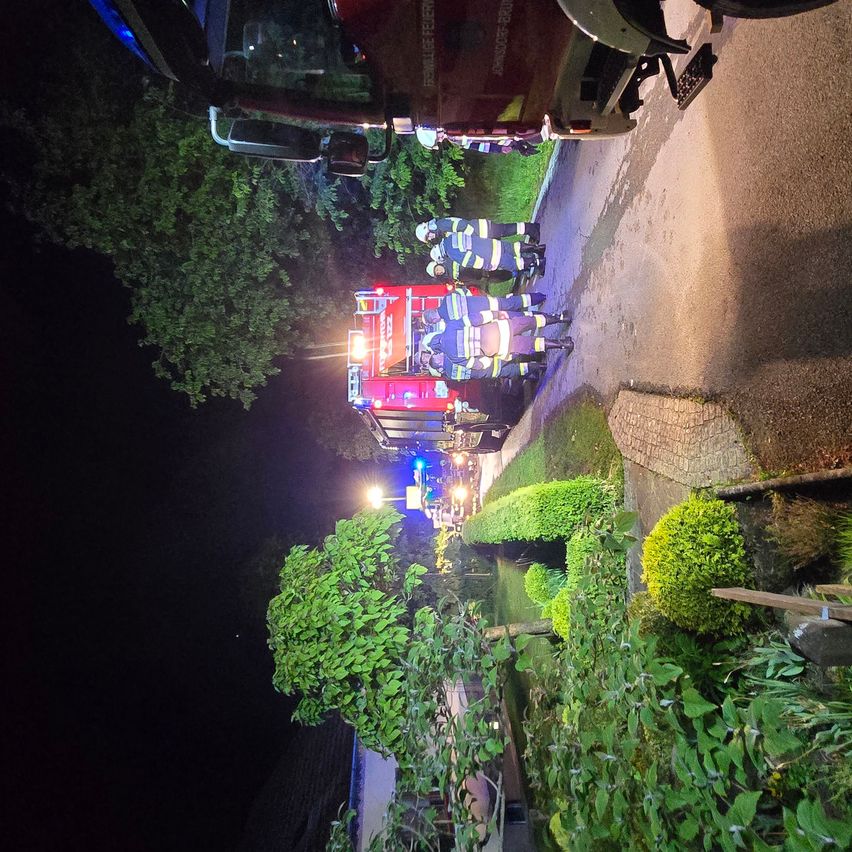 Feuerwehrleute sind nachts bei einem Vorfall. Sie sind um einen Feuerwehrwagen versammelt, dessen Lichter an sind. Das Gebiet ist dunkel, umgeben von Büschen und Bäumen.