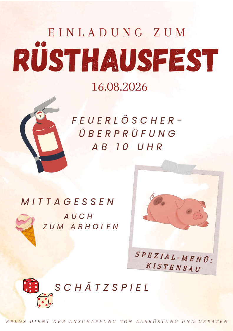 Plakat für Rusthausfest am 16. August 2026 mit Feuerlöscher, Schwein und Eisbecher. Die Veranstaltung beinhaltet eine Feuerlöscher-Überprüfung um 10 Uhr, ein Spezialmenü und Essen zum Mitnehmen.