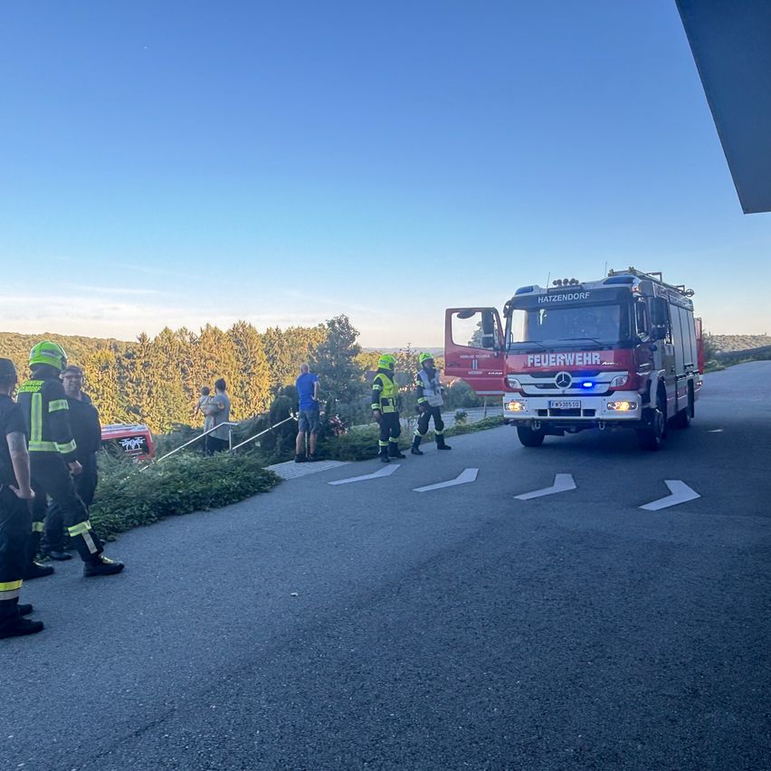 Ein Feuerwehrauto ist auf einer Straße geparkt, mit Feuerwehrleuten in der Nähe, möglicherweise als Reaktion auf einen Vorfall.