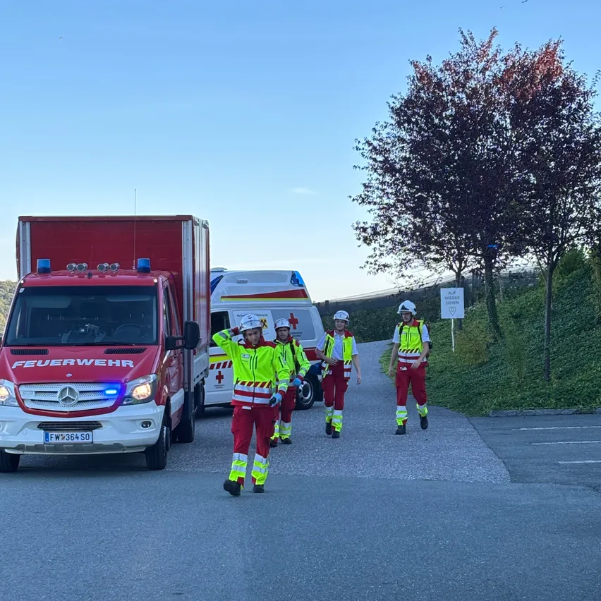 Eine Gruppe von Feuerwehrleuten in gelben und roten Uniformen geht auf einen roten Feuerwehrwagen zu. Der Wagen ist am Straßenrand geparkt, und dahinter steht ein weißer Van. Es gibt zwei Bäume am Straßenrand.
