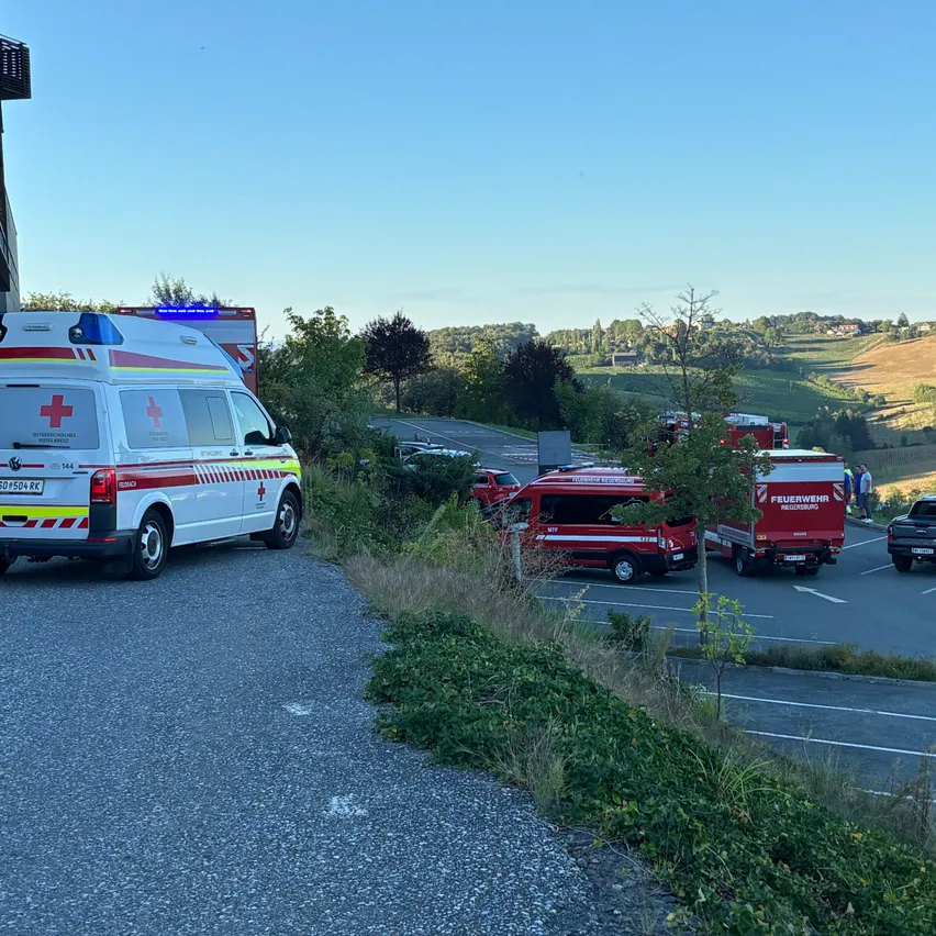 Ein Krankenwagen und Feuerwehrfahrzeuge sind am Straßenrand geparkt, neben einem Pick-up-Truck und einem Auto. Das Gebiet ist von Grün umgeben und bietet einen Blick auf einen Hügel in der Ferne.