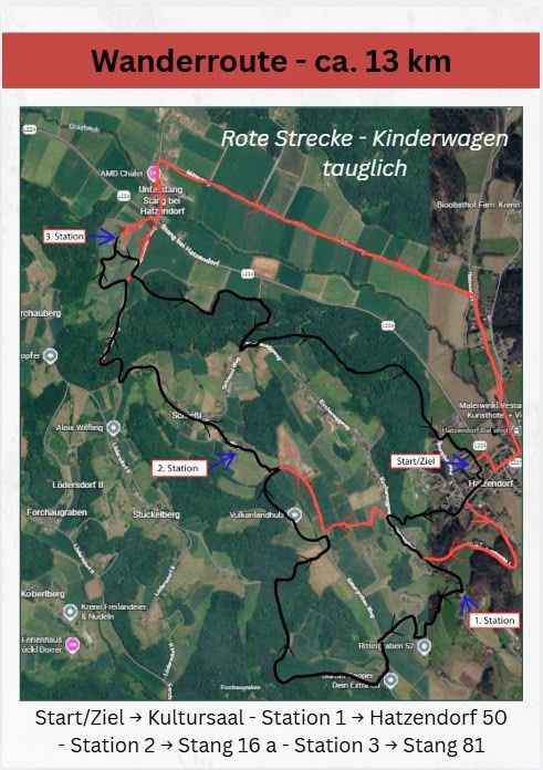 Eine Karte, die eine Wanderroute von etwa 13 Kilometern Länge zeigt. Sie enthält mehrere Stationen und rote Routen für Kinderwagen. Die Karte ist mit Stationsnummern und -namen beschriftet.