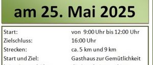 Einladung zum Wandertag in Hochwolkersdorf am 25. Mai 2025. Start von 9:00 Uhr bis 12:00 Uhr. Zielschluss: 16:00 Uhr. Strecken: ca. 5 km und 9 km. Keine Startgebühr. Die Strecke ist markiert; Rastplätze bei 2,5 km und 6,5 km. Kontakt: Franz (Bürgermeister) Tel.: 0664/73526996. E-Mail: fr.ponweiser@aon.at.www.hochwolkersdorf.com.