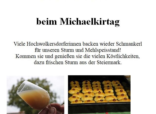 Einladung zum Pflaumen- & Mehlspeisestand am 5. Okt. 2025 beim Michaelkirchtag. Viele Hochwolkersdörferinnen backen wieder Schmankerl für unseren Pflaumen- und Mehlspeisestand! Kommen Sie und genießen Sie die vielen Köstlichkeiten, dazu frische Pflaumen aus der Steiermark. Ein Glas Pflaumensaft und ein Tablett mit Gebäck sind abgebildet.