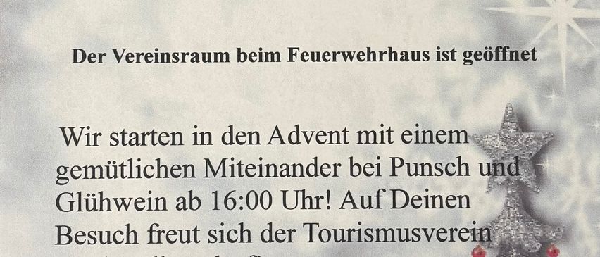 Poster für den 29. November 2025 mit einer gemütlichen Hausillustration kündigt ein Treffen für Glühwein und Glühweinstand an. Der Vereinsraum im Feuerwehrhaus ist geöffnet.