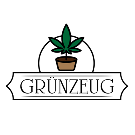 Schwarzer Hintergrund mit weißem Text 'GRÜNZEUG' und einem grünen Cannabisblatt in einem Topf