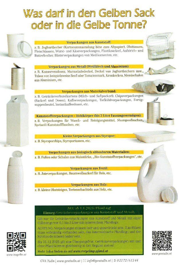 Das Bild zeigt einen Recycling-Leitfaden mit verschiedenen Kategorien recycelbarer Materialien. Abschnitte umfassen Kunststoffbehälter, Metallbehälter, Verbundmaterialien, Plastikbehälter, kleine Styroporverpackungen, biologisch abbaubare Materialien, Textilverpackungen und Holzverpackungen. Es betont die Notwendigkeit einer ordnungsgemäßen Kennzeichnung und Sauberkeit.