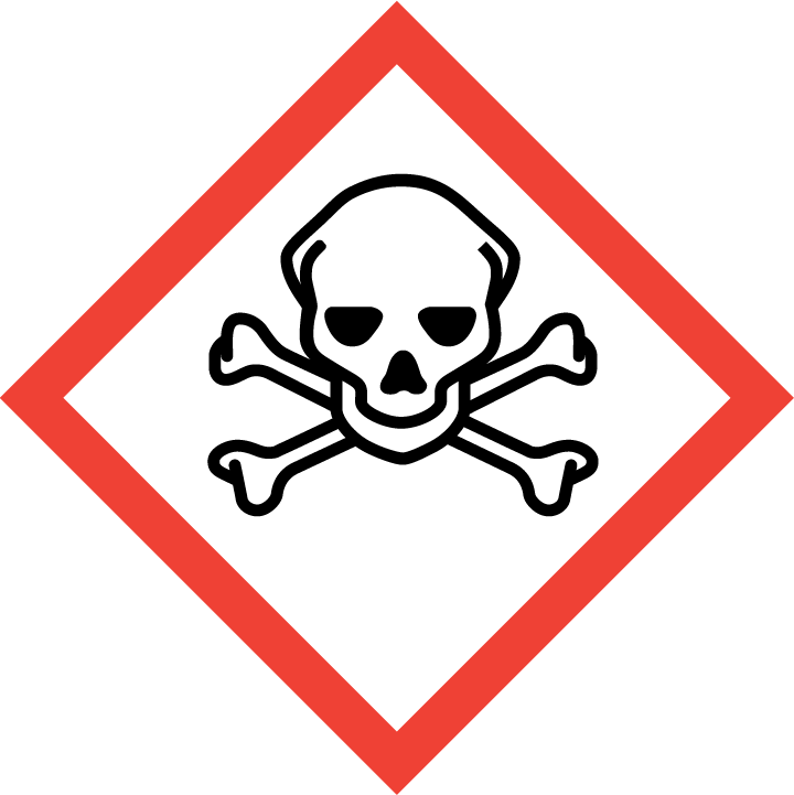 Ein weißer Diamant mit rotem Rand enthält ein schwarzes Totenkopf- und Knochenkreuz-Symbol.